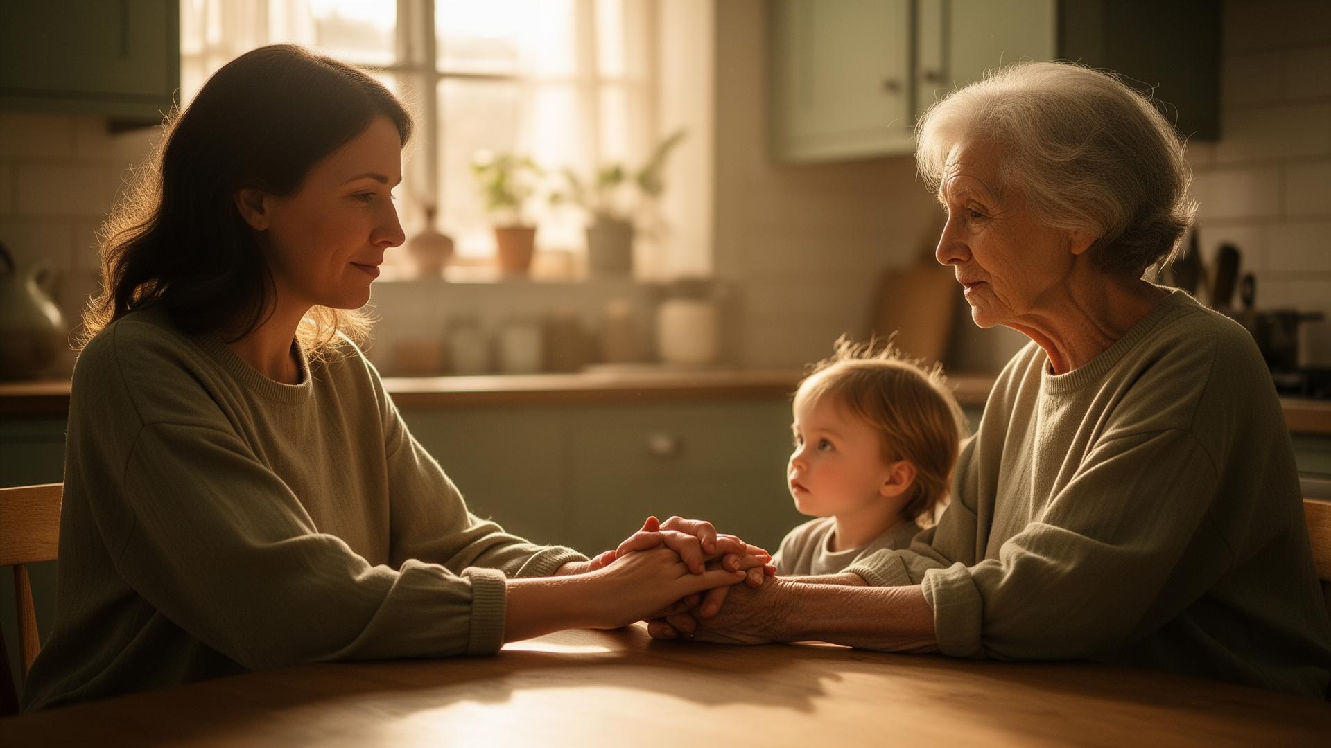 Three generations of a family sharing a moment at a kitchen table